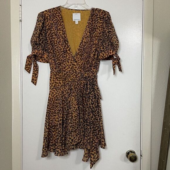 C/MEO COLLECTIVE yellow gold leopard print vneck side tie mini dress medium - Picture 1 of 6